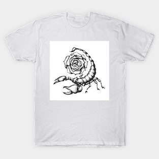 Scorpio and Rose Flower Tattoo in Engraving Style T-Shirt